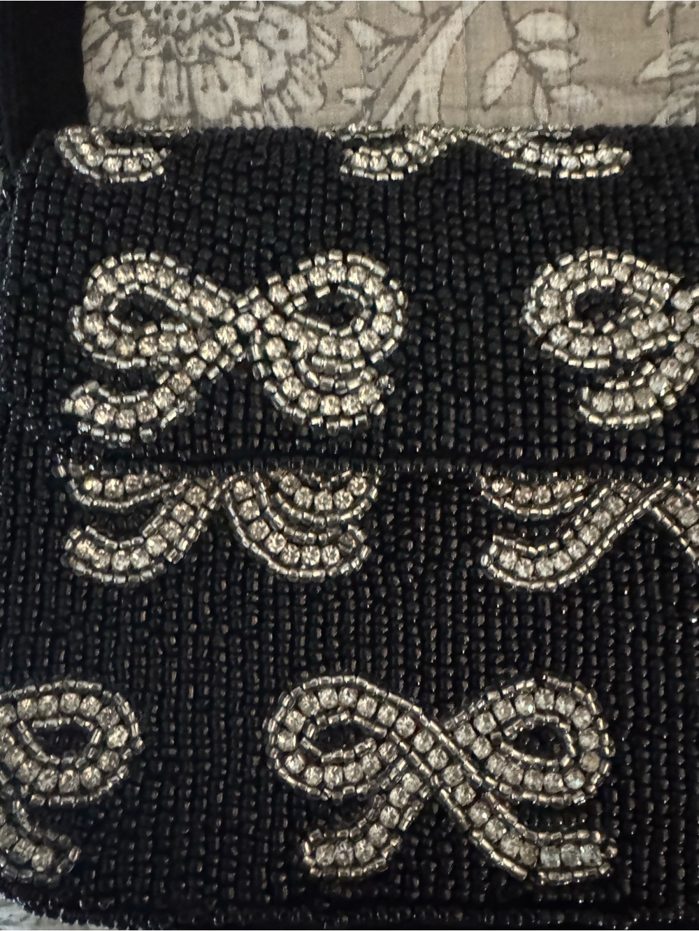 Beaded Black Evening Shoulder Bag with Silver Bow Accents - Picture 5 of 10